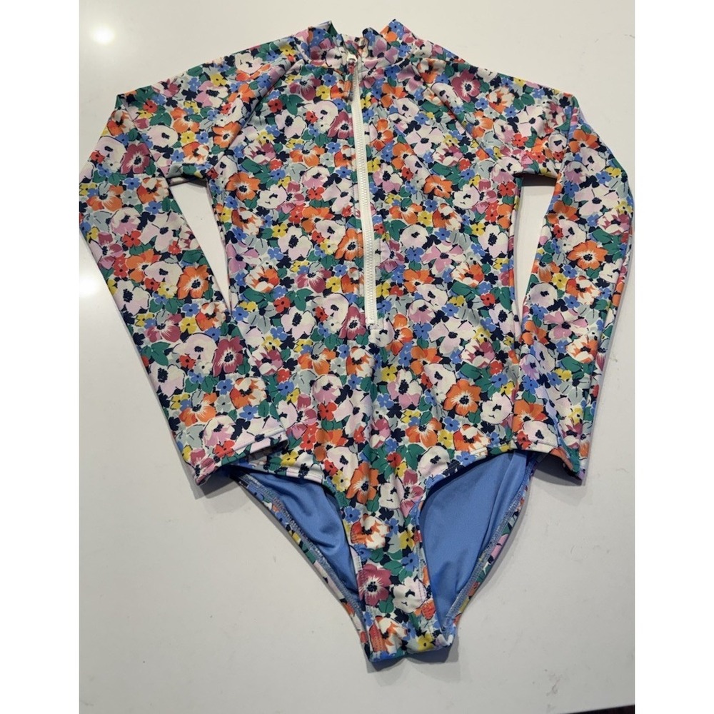 GAP Kids Long Sleeve Swimsuit Girls Floral Print Rash Guard Zip Up Size Medium